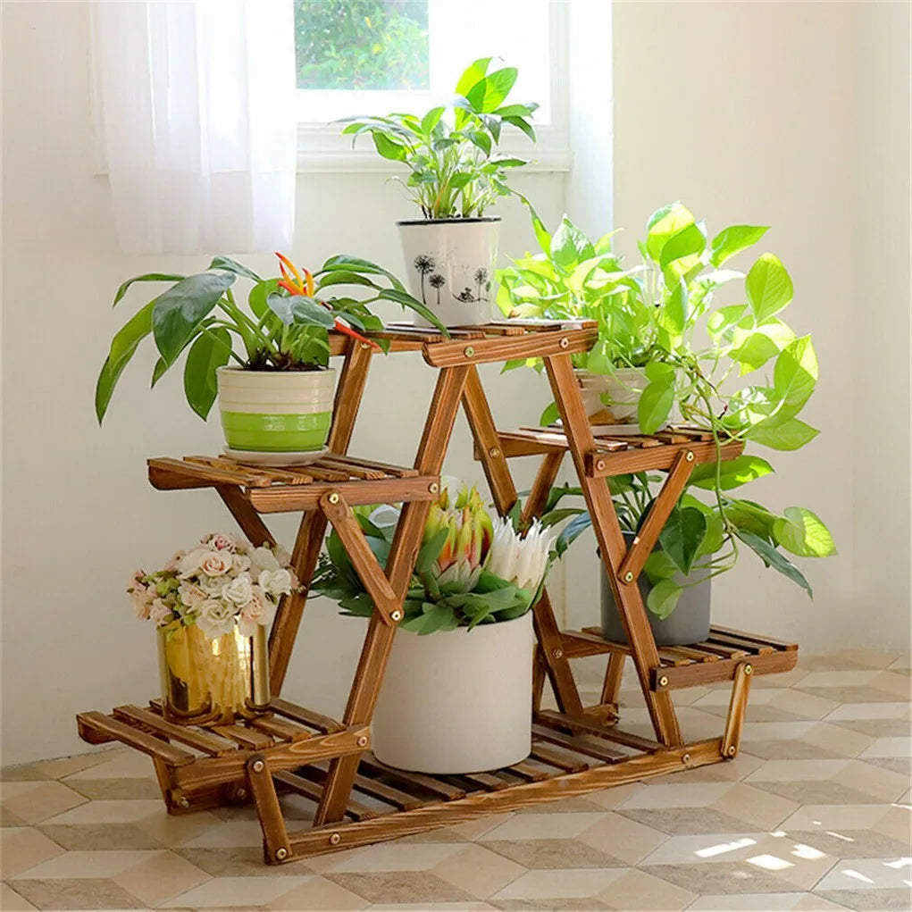 Carbonized Triangle 6-Tier Corner Wood Plant Stand Indoor Outdoor