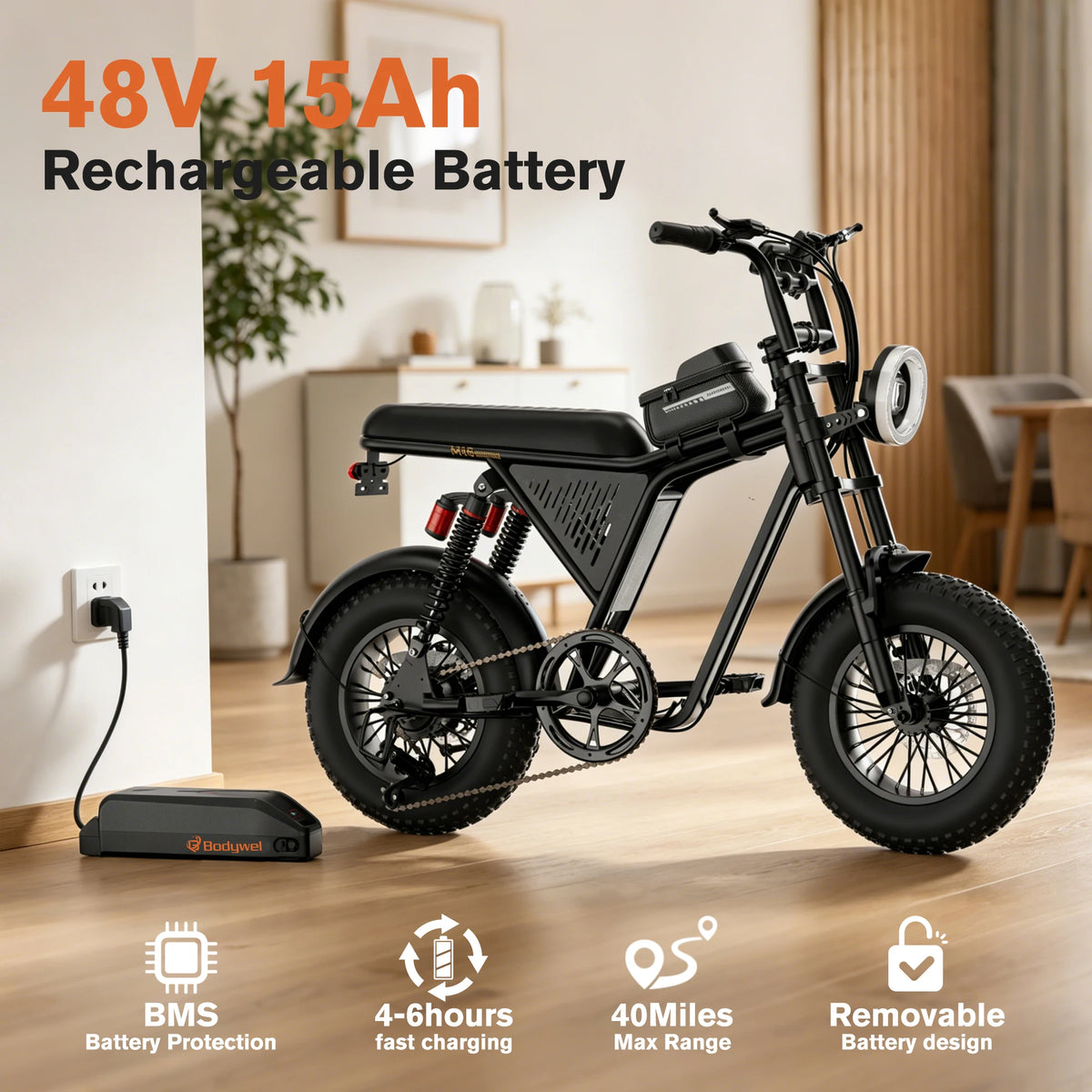 Bodywel M16 Portable Electric Fat Tire E-Bike With 40 Mile Range