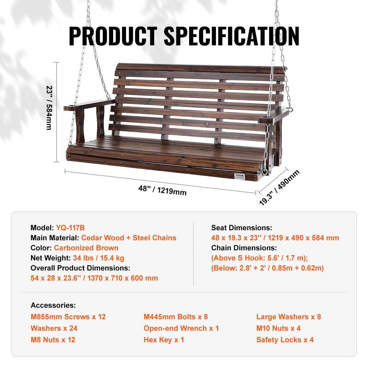 SucceBuy Cedar Wood Porch Swing Outdoor Patio Bench With Chains
