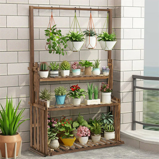 Heavy Duty Wooden 3-Tier Hanging Plant Stand For Indoor Outdoor