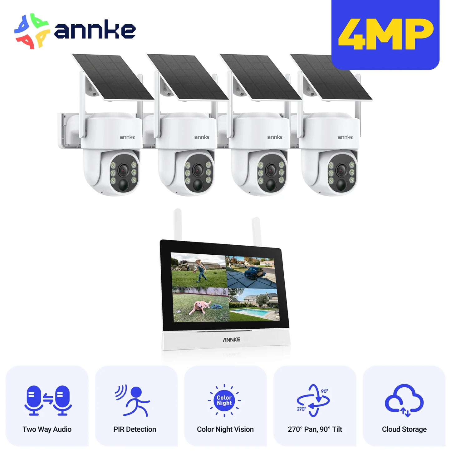 ANNKE Solar Wireless 4MP Security Cameras Kit With 7-Inch Monitor