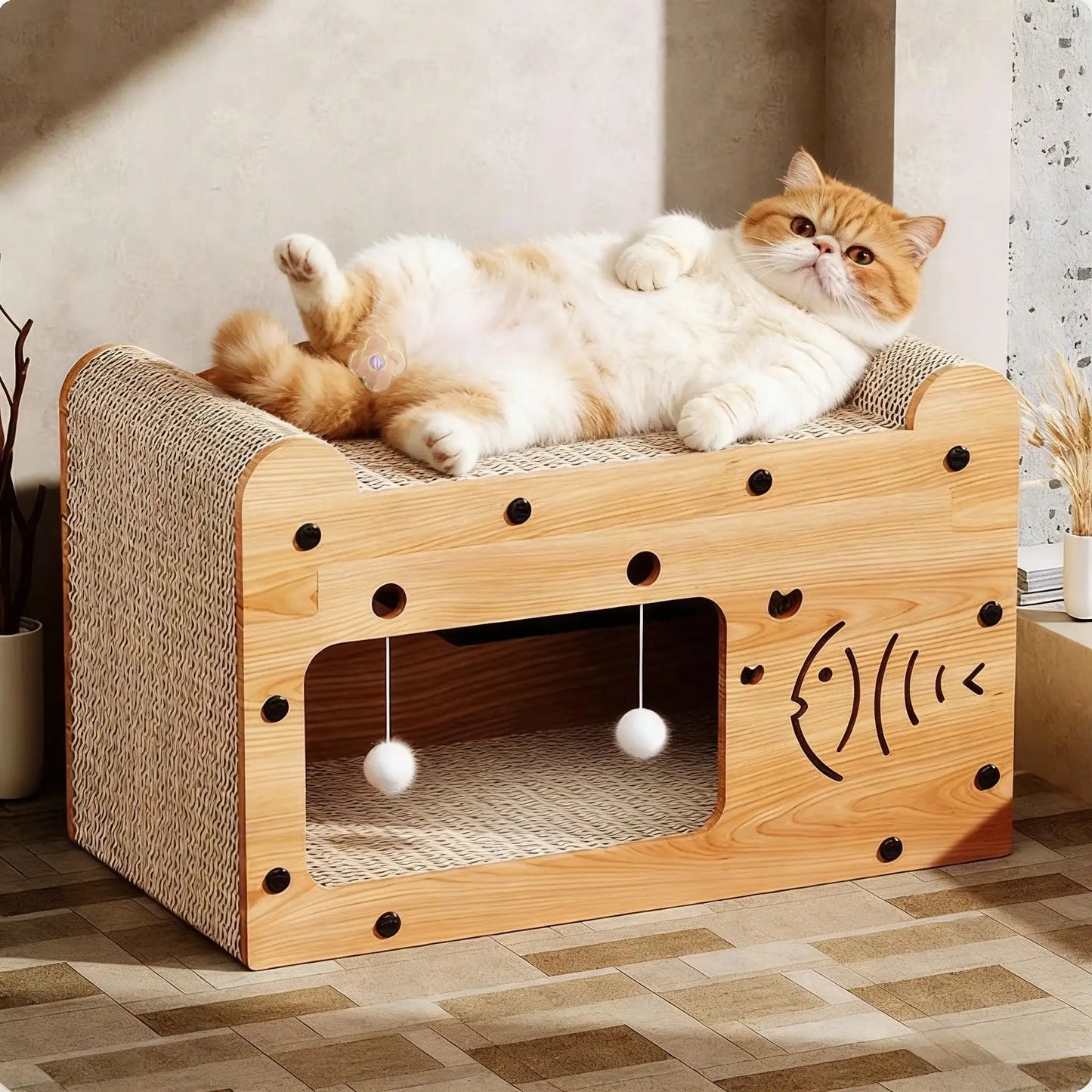 Double Layer Cardboard Cat Scratcher Lounge Bed With Pom Poms