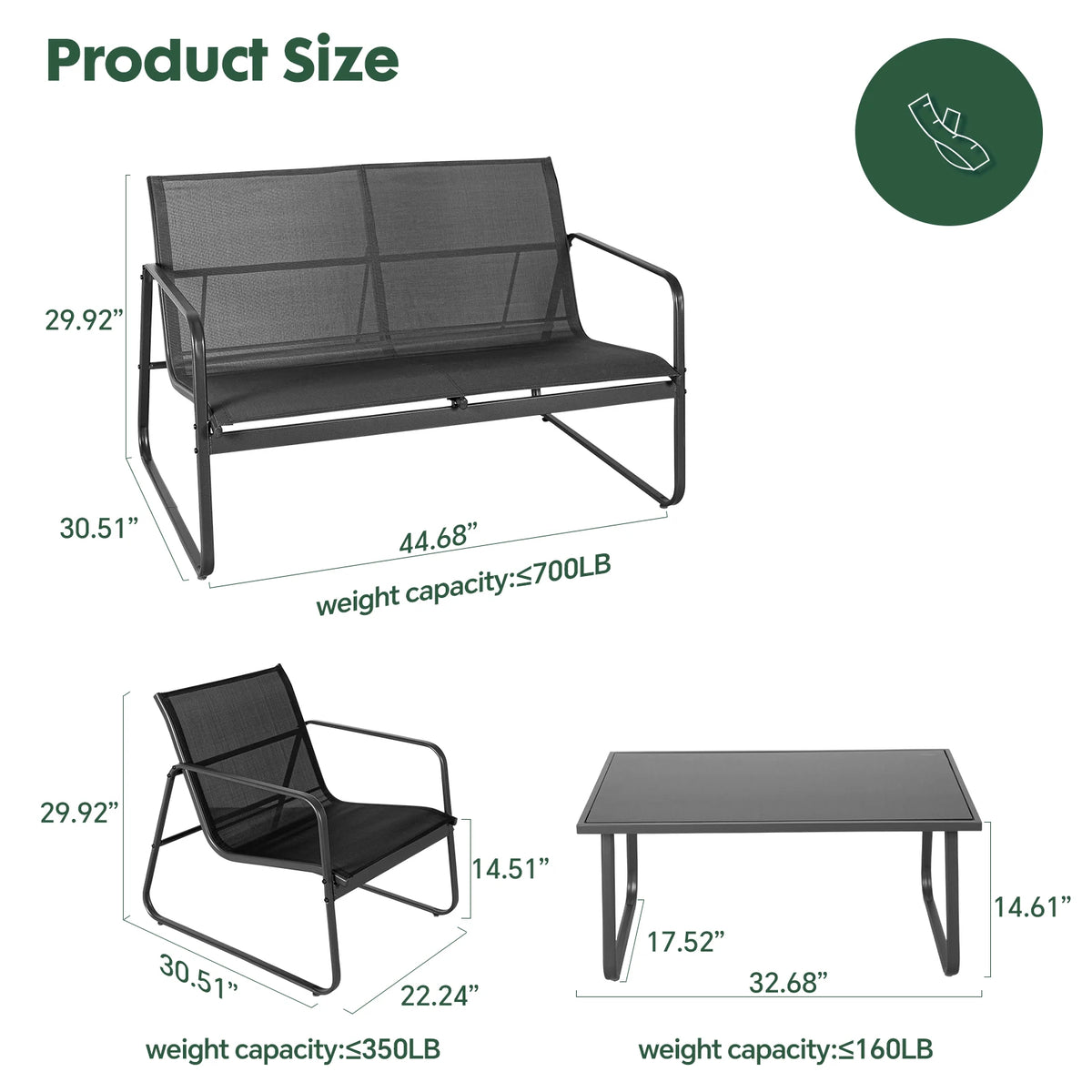 JHK Outdoor Patio Furniture 4 Piece Set Table Metal Frame
